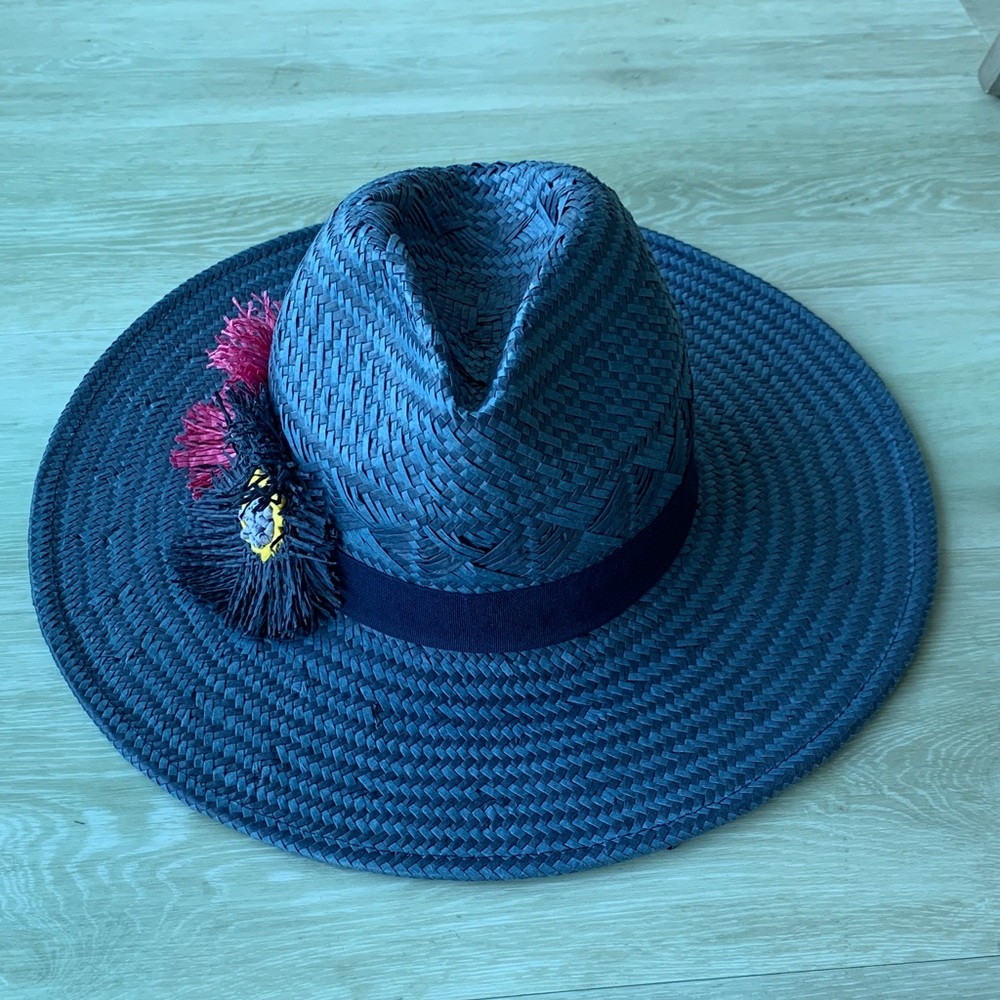 Elegant Blue Woven Hat with Colorful Accents